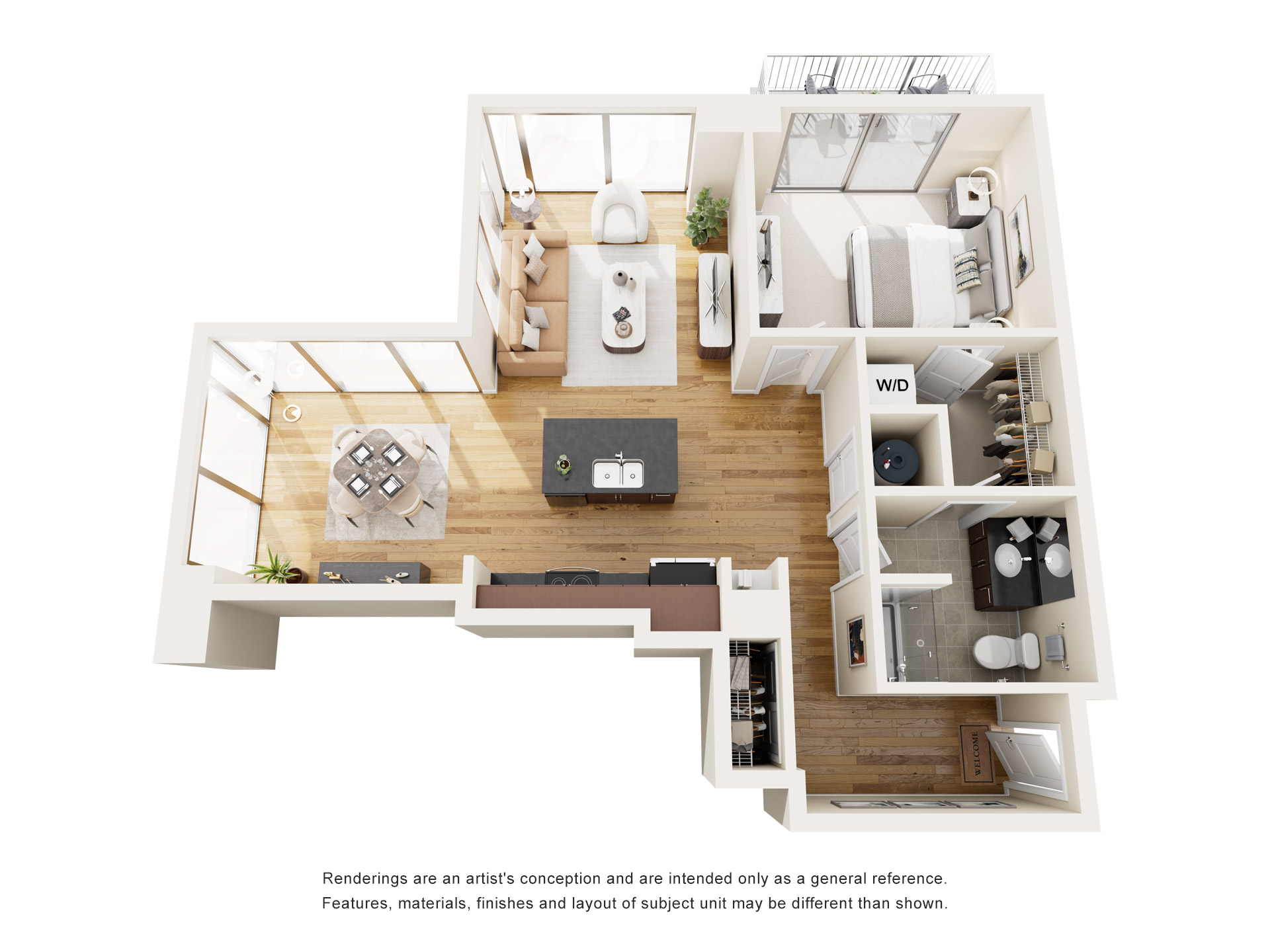 Floor plan for 1 bed, 1 bath, 885 sqft